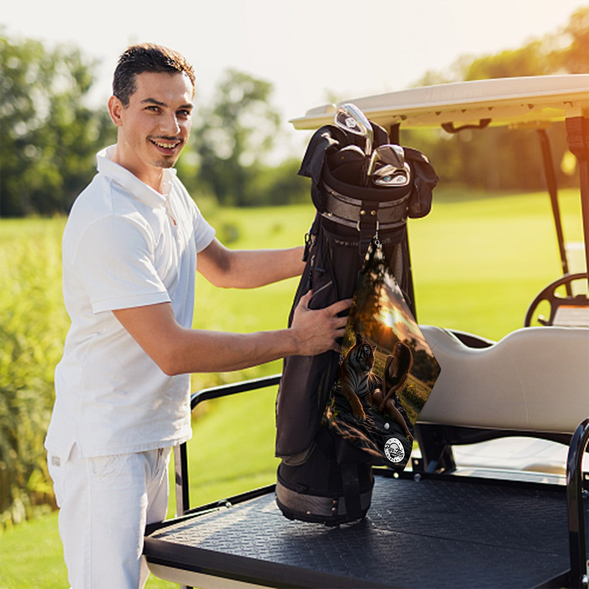 Tiger's Eye Golf Towel - Roar of Elegance at Sunset